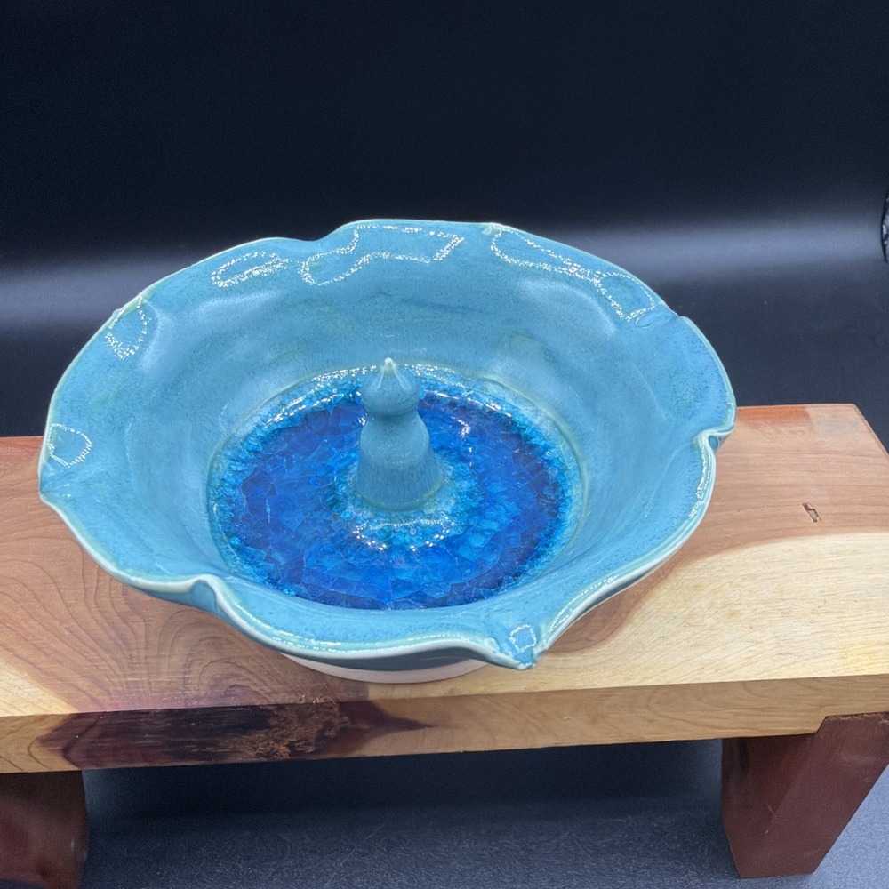 Studio Art Pottery Handmade Blue Crystal Crackle Glaze Ceramic Ring Jewelry Dish